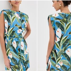 Farm Rio, NWT anthurium garden Tropical Blue Leaf Print Dress, Size S